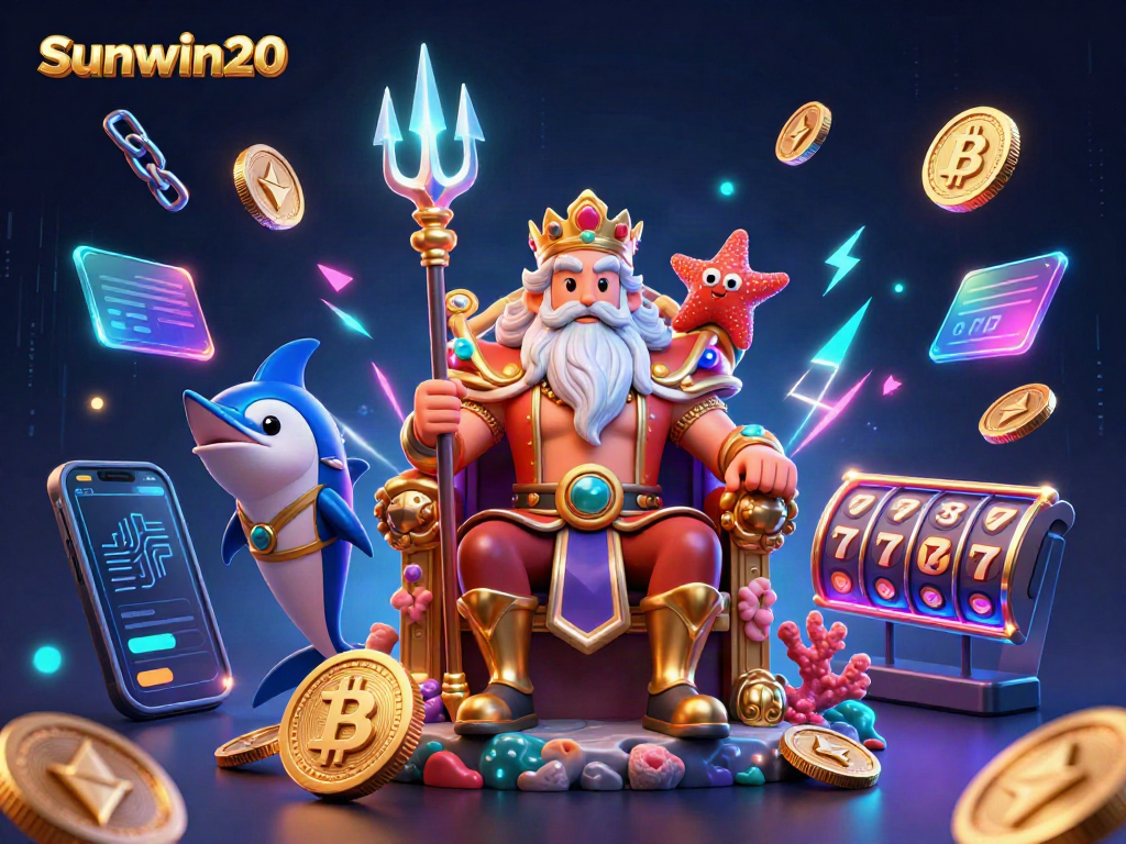 Experience excitement at Sunwin20 with a vibrant 3D casino scene featuring Neptune and dynamic slot elements.