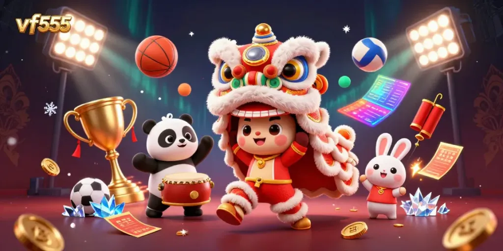 Engage with vf555's vibrant gaming experience, featuring colorful characters and dynamic sports elements.
