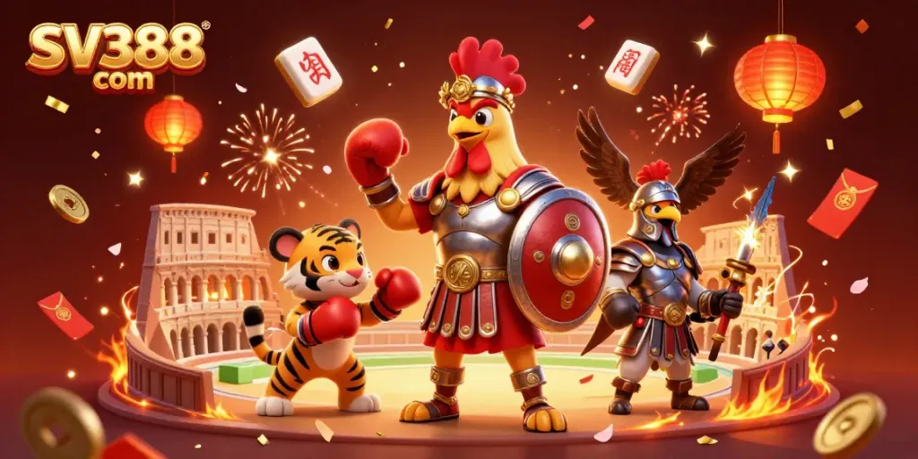 Experience thrilling cockfighting action at SV388 com with a dynamic 3D rooster and arena scene.