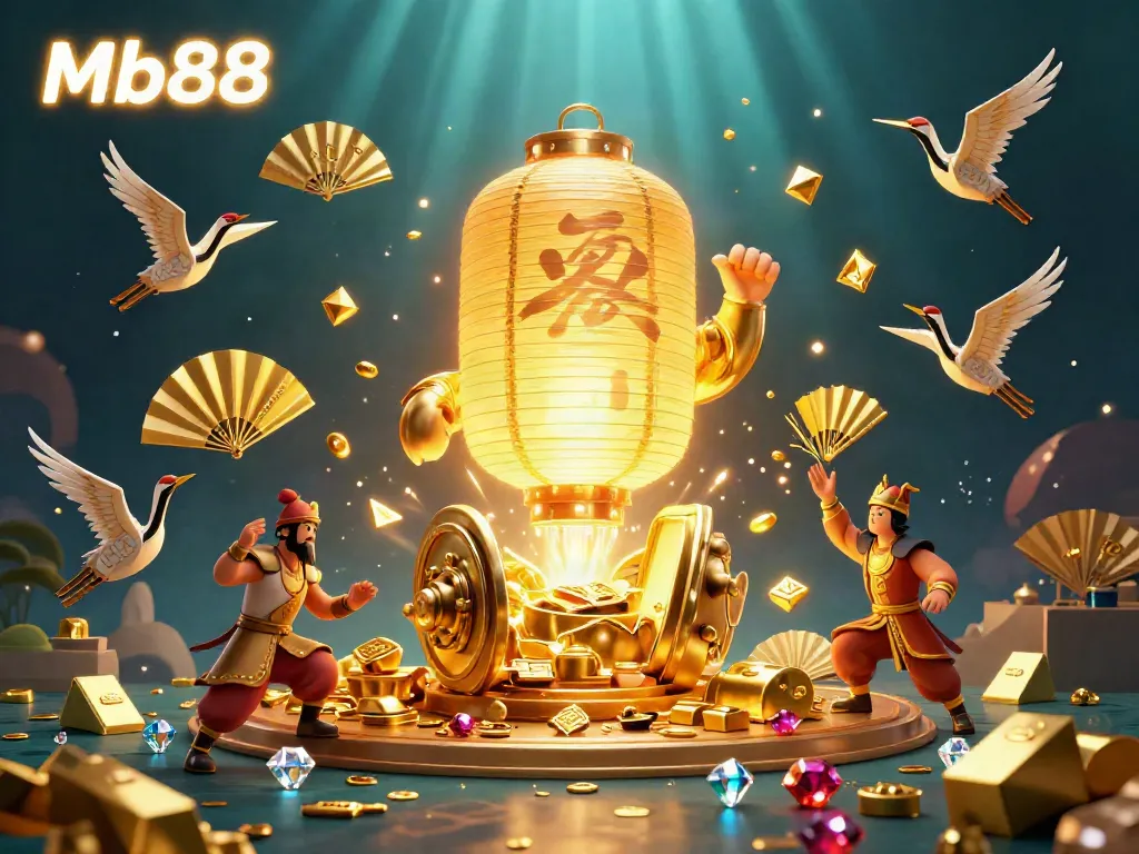 Experience the magical Mb88 casino with a golden lantern spirit and lucky symbols, radiating joy and prosperity.
