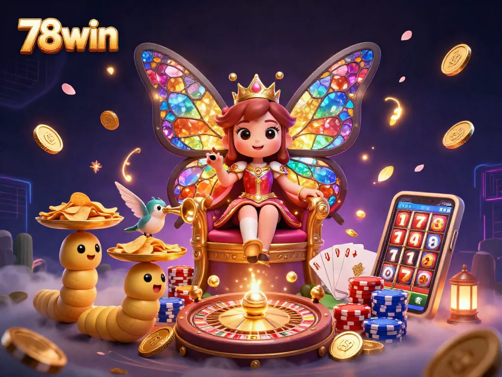 Experience the excitement of 78win with a vibrant 3D illustration of a butterfly queen in a fantasy casino setting.