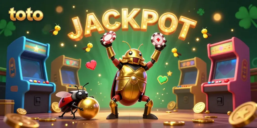 Celebrate big wins with toto as a heroic beetle lifts a poker chip in a vibrant casino scene.