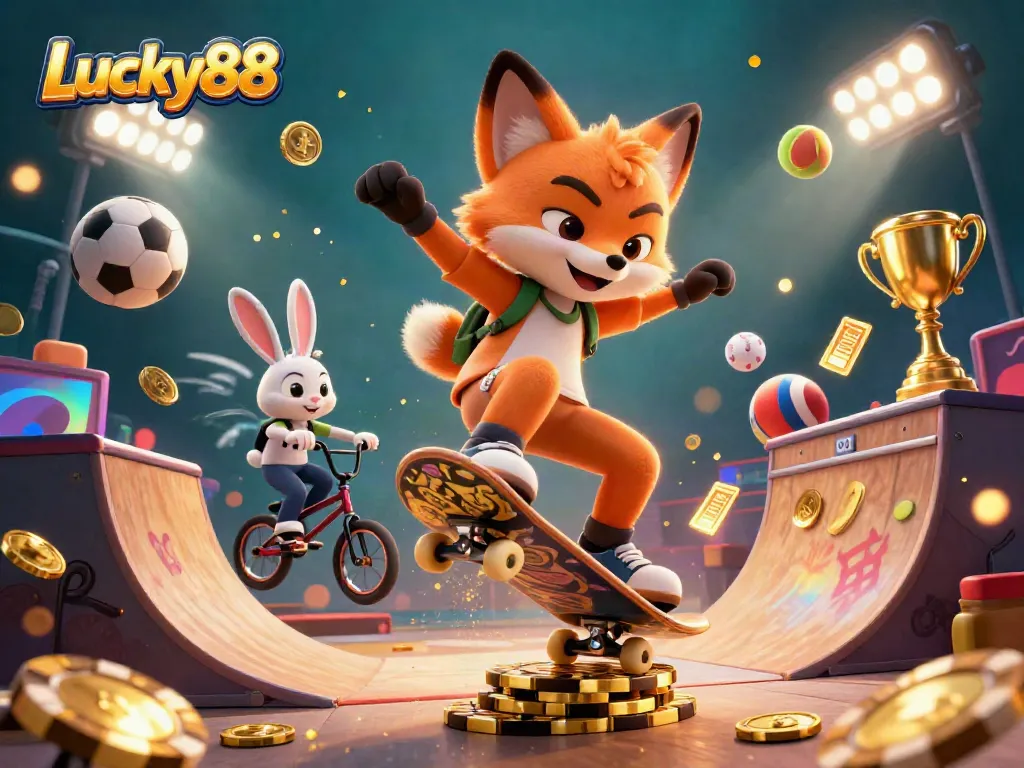 Experience thrilling action at Lucky88 with a skateboarder fox and BMX rabbit in a dynamic casino scene.