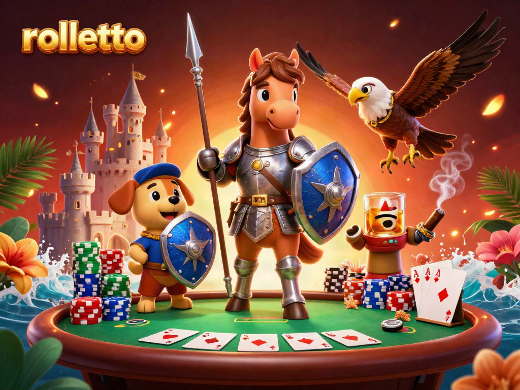 Engage in exciting gameplay at rolletto Casino with vibrant poker elements and medieval characters.