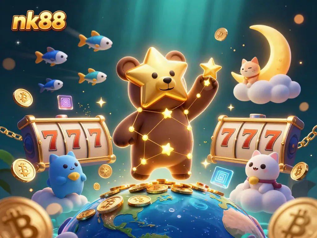 Engage with nk88 slots, featuring a constellation bear and crypto elements in a vivid 3D scene.