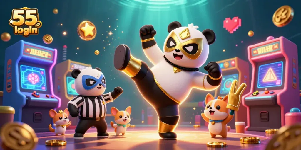 Engage with 55 club login's dynamic gaming experience featuring lively characters in a vibrant casino setting.
