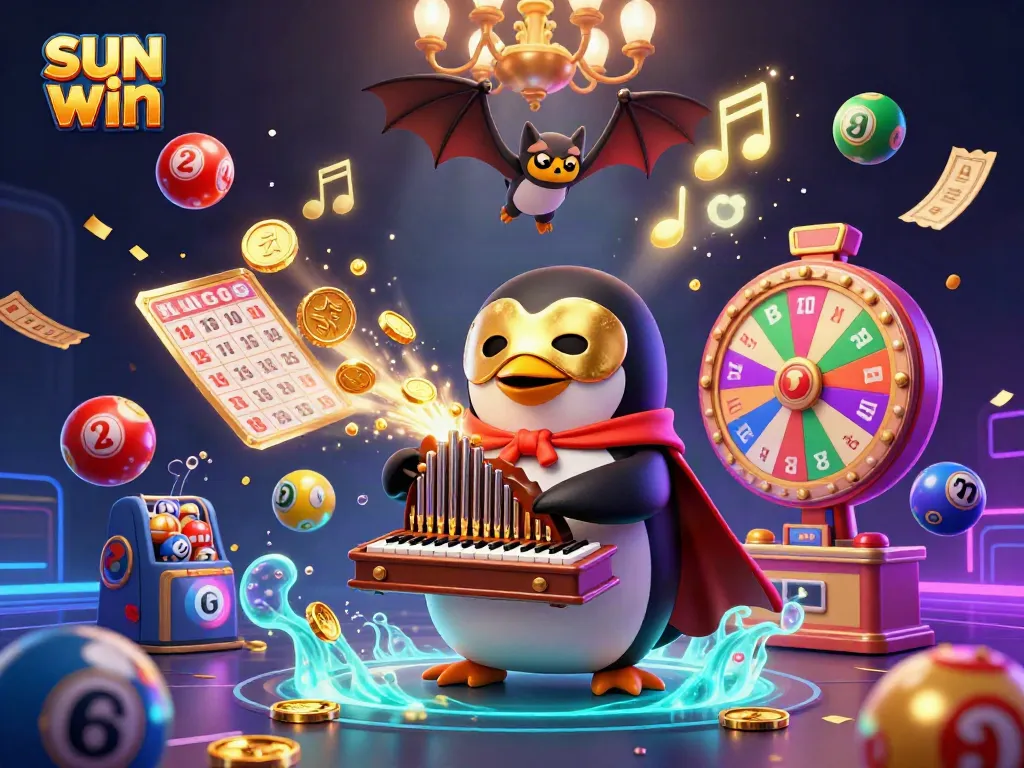 Experience gaming thrills with sun win as a penguin organist sparks excitement amidst flying lottery elements.