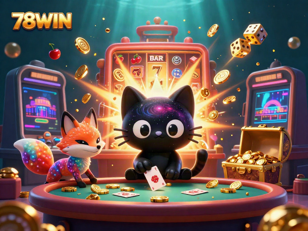 Experience the excitement of 78WIN as the cartoon black hole cat attracts golden chips and cards at a cosmic casino.