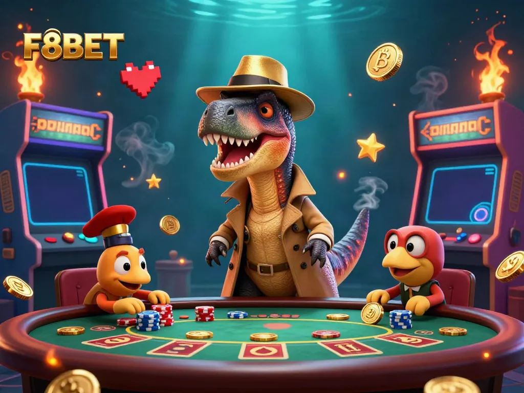 Play exciting games at F8BET with a vibrant illustration of a cunning velociraptor and dynamic casino scenery.