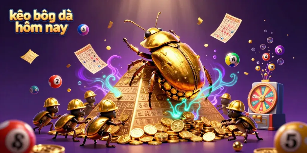 Experience kèo bóng đá hôm nay with an engaging scene of casino-themed animated beetles and vibrant games.