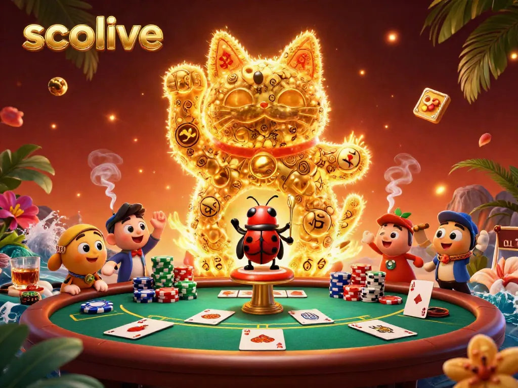 Socolive showcases a vibrant scene of a lucky cat made of fireflies amidst a dynamic casino setting.