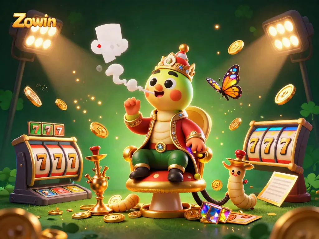 Zowin promotes a vibrant gaming experience, featuring cartoon elements of slots, poker, and casino excitement.