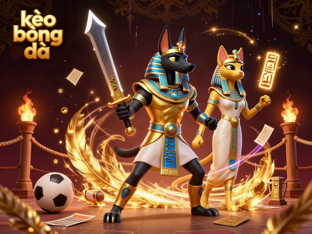 Engaging scene with Anubis and Bastet exploring kèo bóng đá dynamics in a vivid sports betting arena.