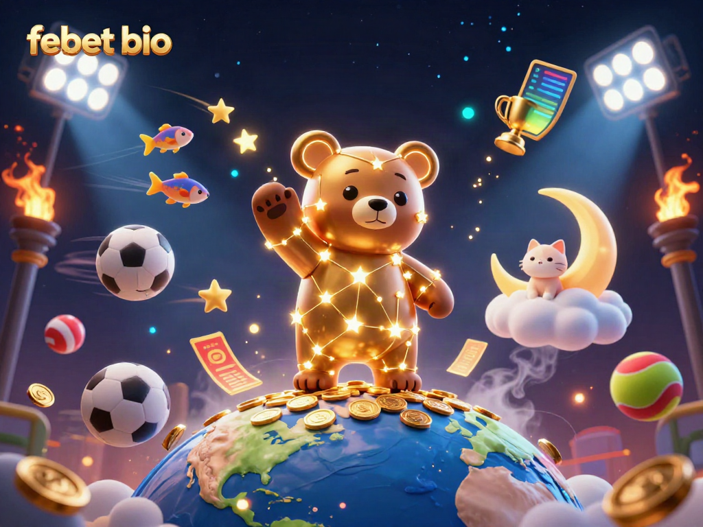 Experience the thrill of online gaming with febet bio, featuring a celestial bear scooping up coins amidst vibrant casino elements.