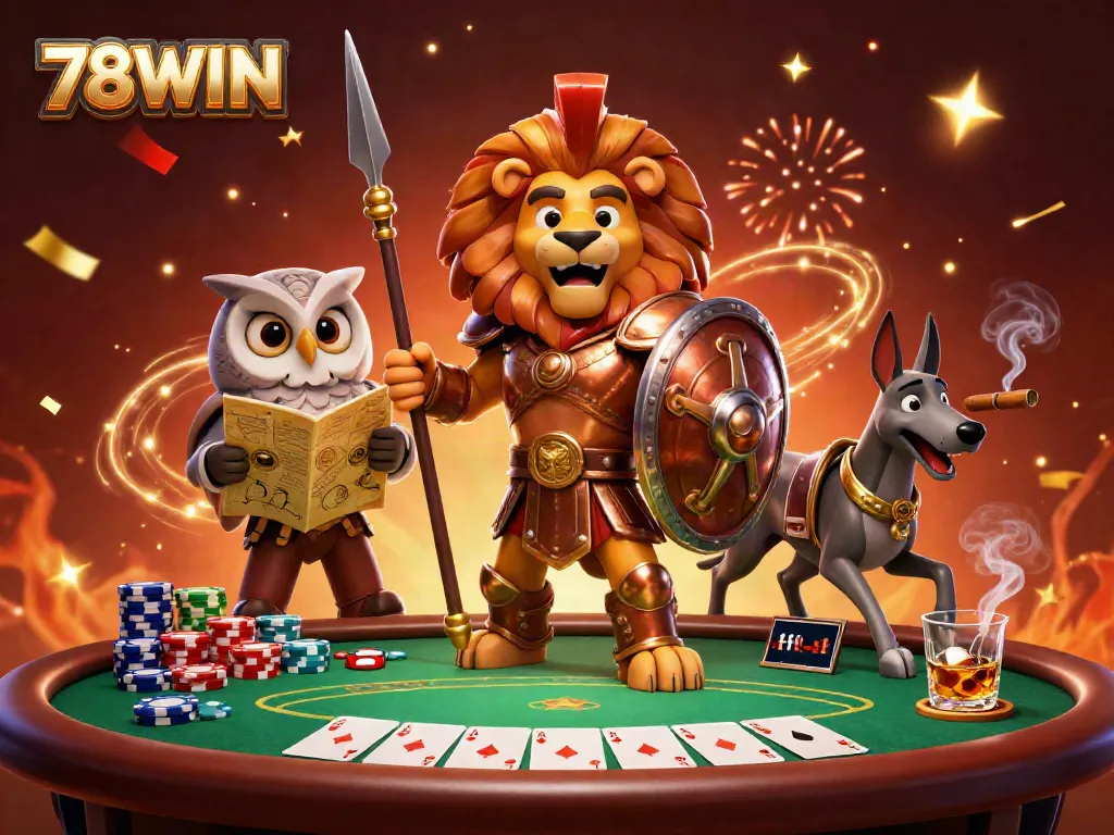 Engage in thrilling poker action with 78WIN's vibrant casino scene, featuring cartoon lion, owl, and greyhound.