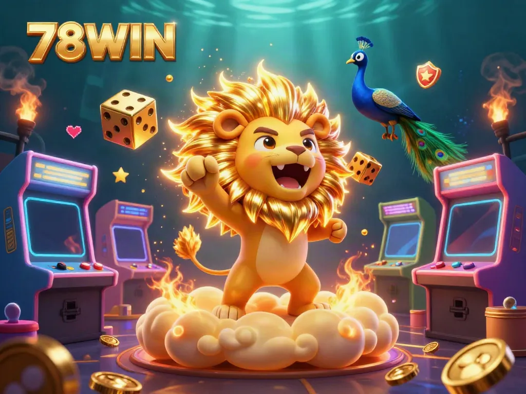 Experience the excitement of 78WIN casino gaming with this vibrant scene featuring a roaring sun lion and dynamic game elements.