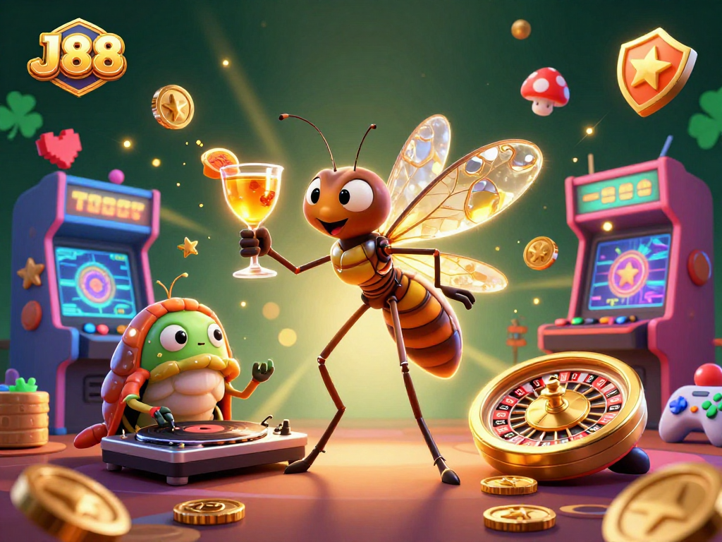 View J88's exciting casino adventure with a mosquito mascot and a trilobite DJ amidst vibrant gaming elements.