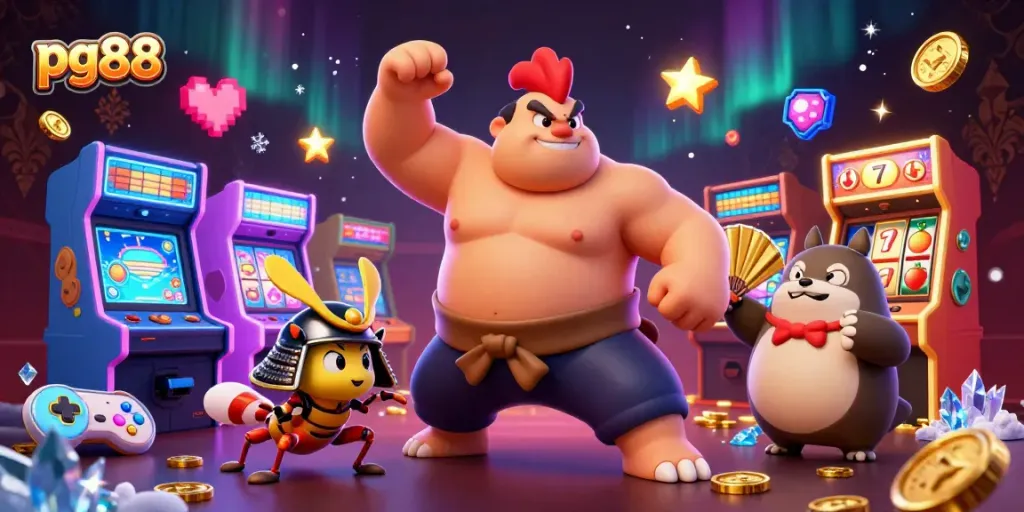 Experience lucky gaming thrills with pg88's vibrant slots, featuring bold characters and colorful arcade elements.