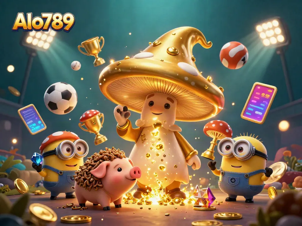 Alo789 captivates players with a magical casino scene featuring a golden mushroom wizard and treasure-seeking pig.