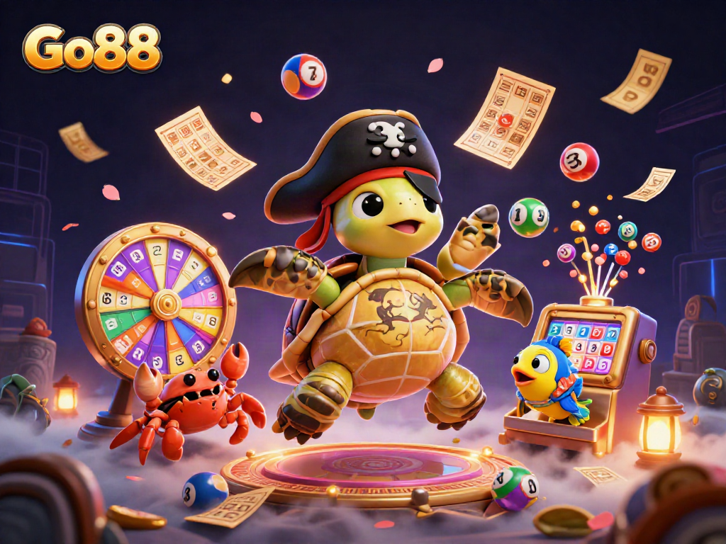Engage with Go88, exploring a lively underwater casino scene filled with treasure, dynamic lottery elements, and vibrant characters.