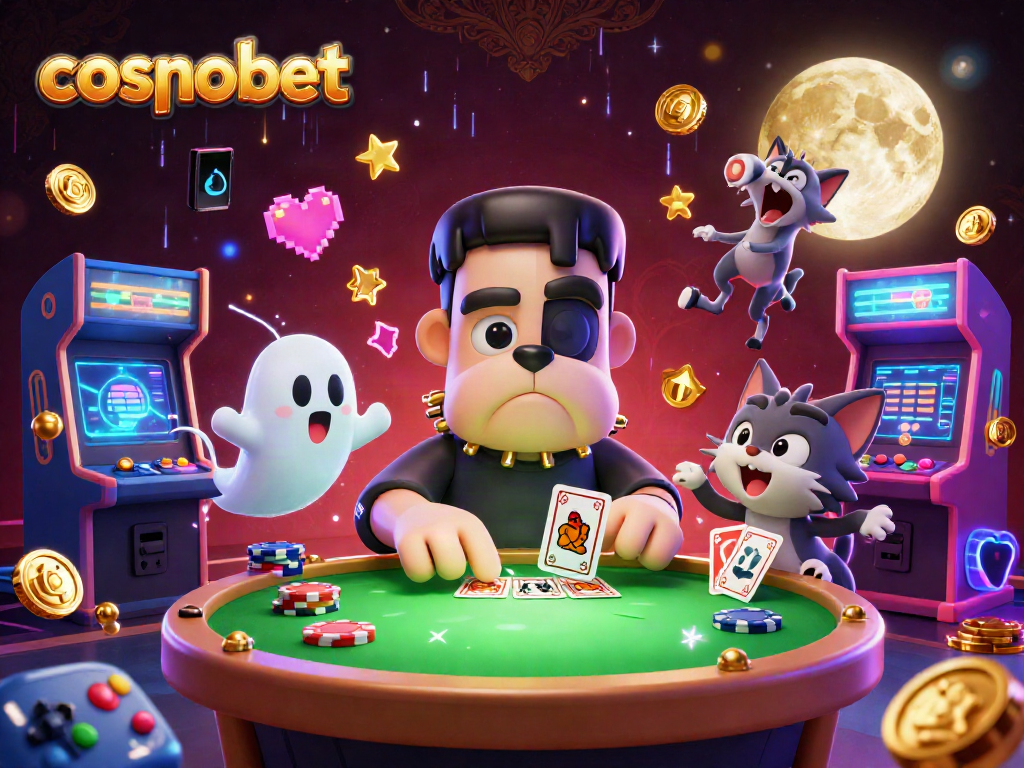Join the excitement at Cosmobet with a colorful 3D casino illustration featuring a playful bulldog dealer.