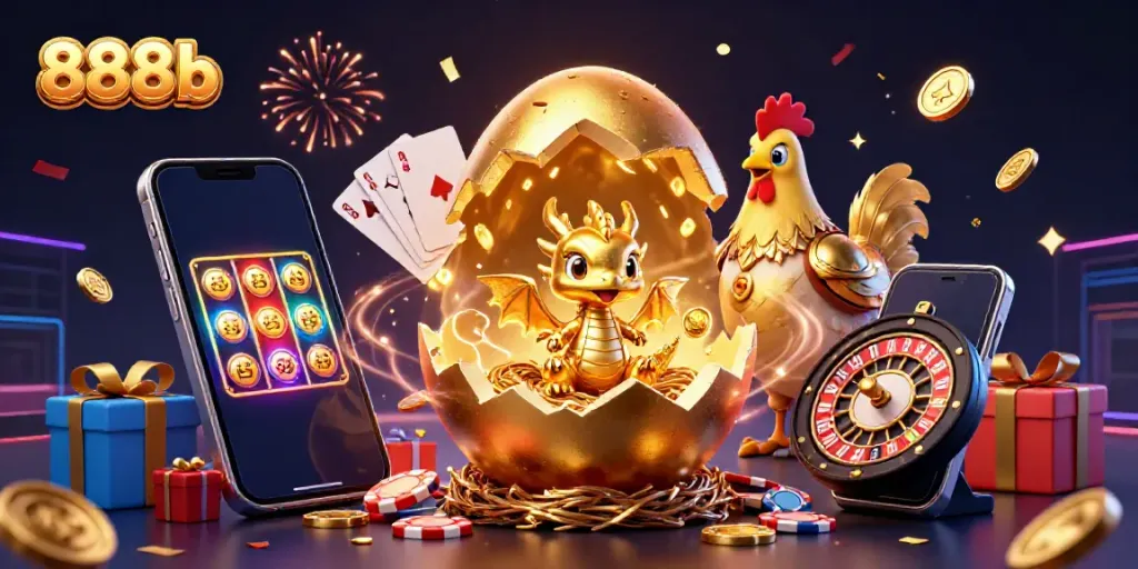 Engage with 888b's vibrant casino scene featuring golden dragon and colorful slot game.