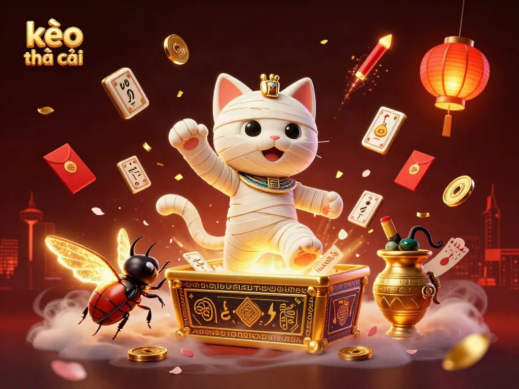Engage with kèo nhà cái in a vibrant 3D casino scene featuring an Egyptian mummy cat, glowing elements, and dynamic floating symbols.