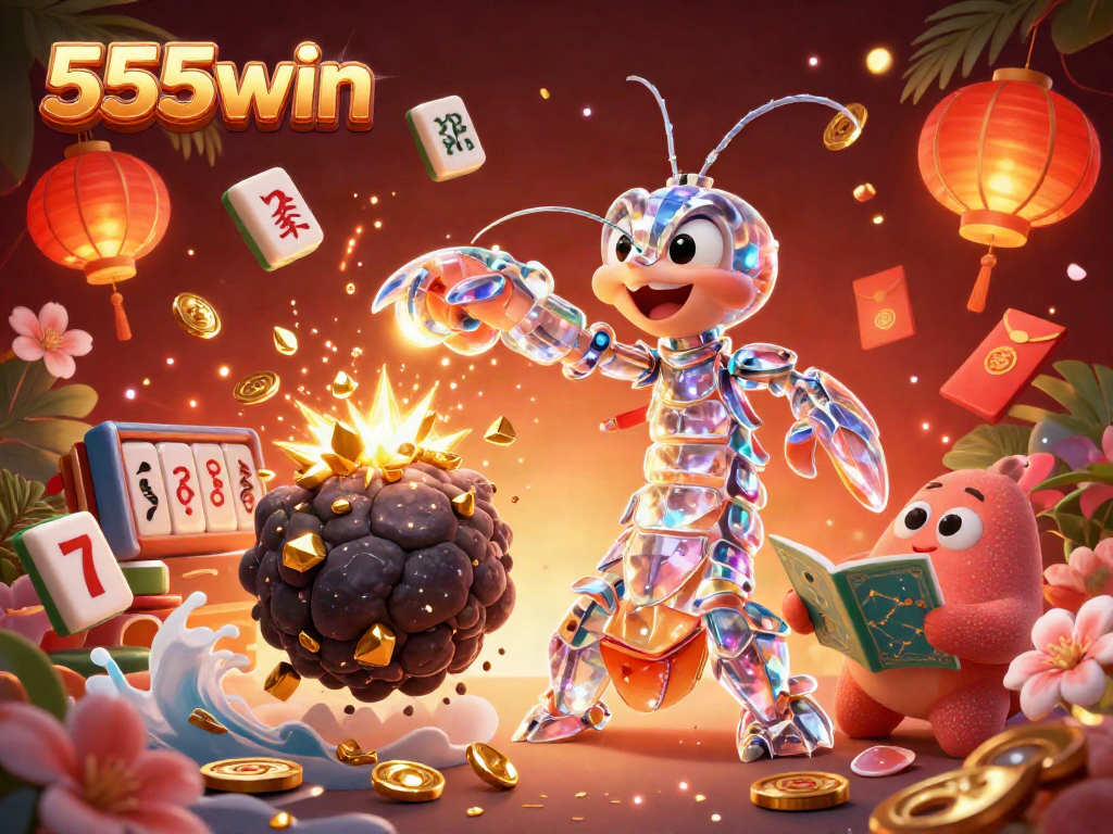Experience the excitement of 555win with a dazzling illustration of slot gameplay featuring vibrant characters and dynamic elements.