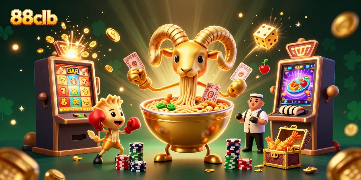 Engage in thrilling 88clb casino action as a giant golden ramen bowl and friends deal cards amidst explosive jackpots.