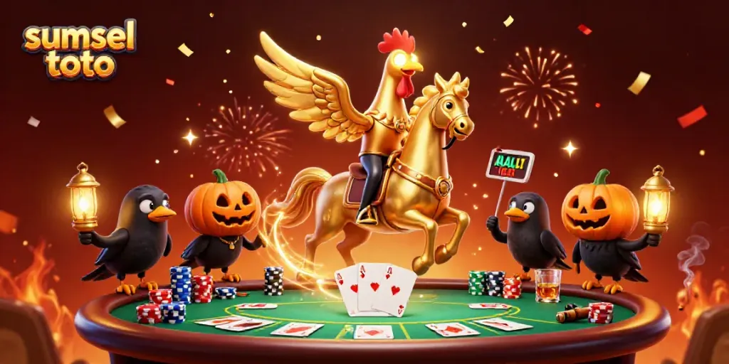 Experience the thrill of sumsel toto with a golden rooster in a vibrant casino scene filled with rich details.