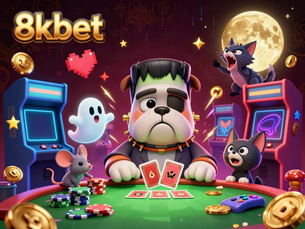 Experience thrilling card games with 8xbet's engaging 3D cartoon scene featuring unique characters.