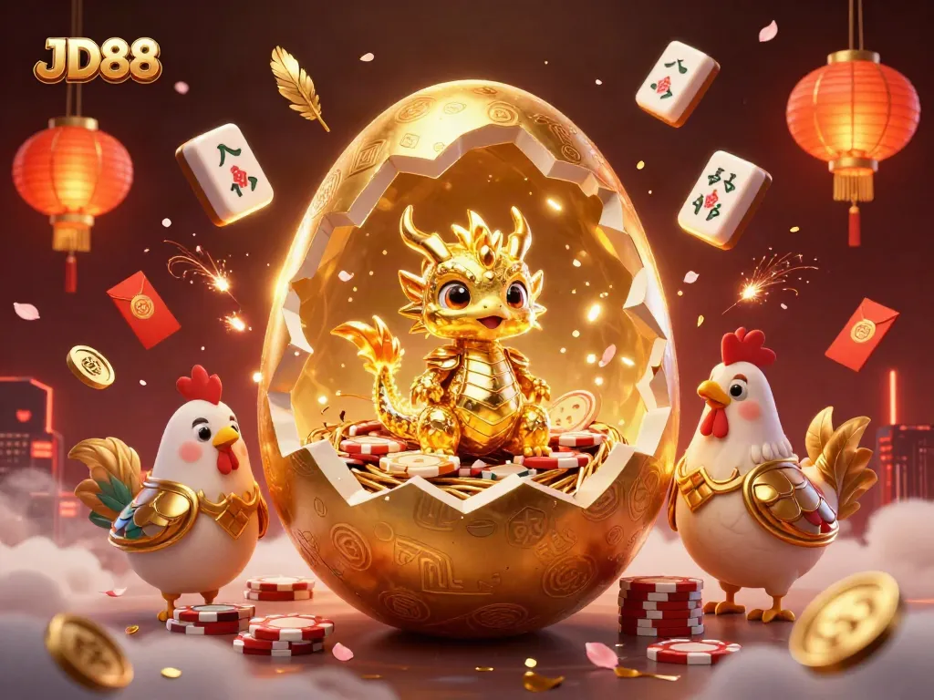 JD88 engages players with a breathtaking golden dragon illustration amidst casino elements.