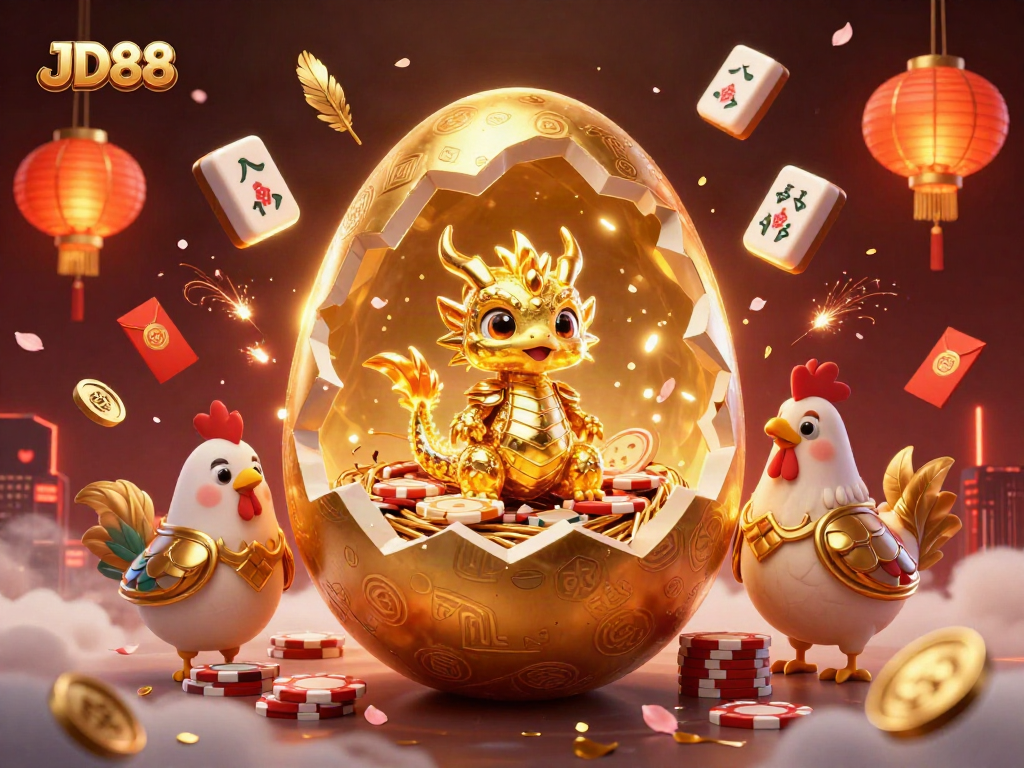 JD88 engages players with a breathtaking golden dragon illustration amidst casino elements.