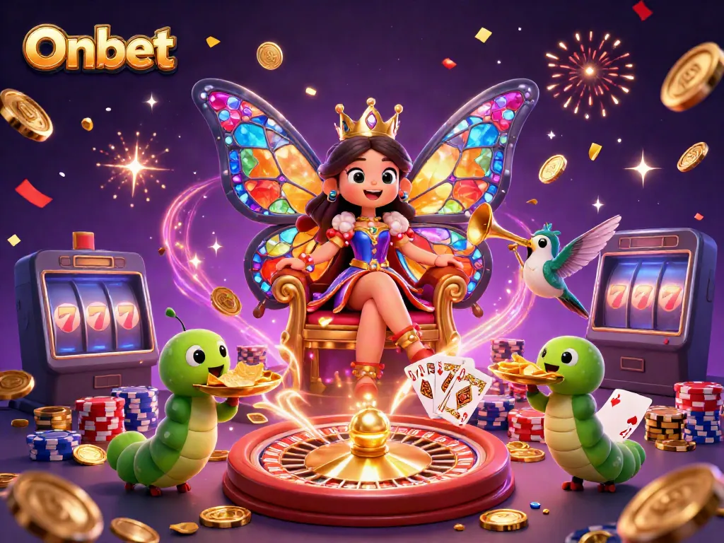 Onbet showcases exciting casino elements in a vibrant 3D scene with animated characters.