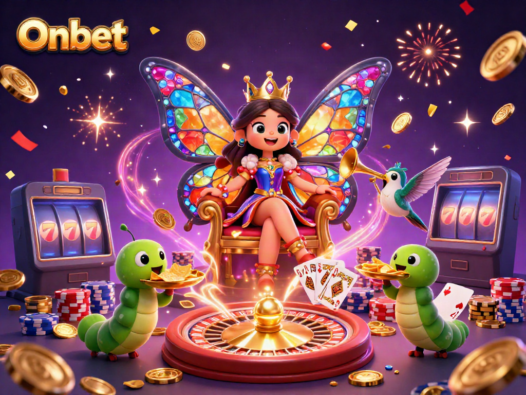 Onbet showcases exciting casino elements in a vibrant 3D scene with animated characters.