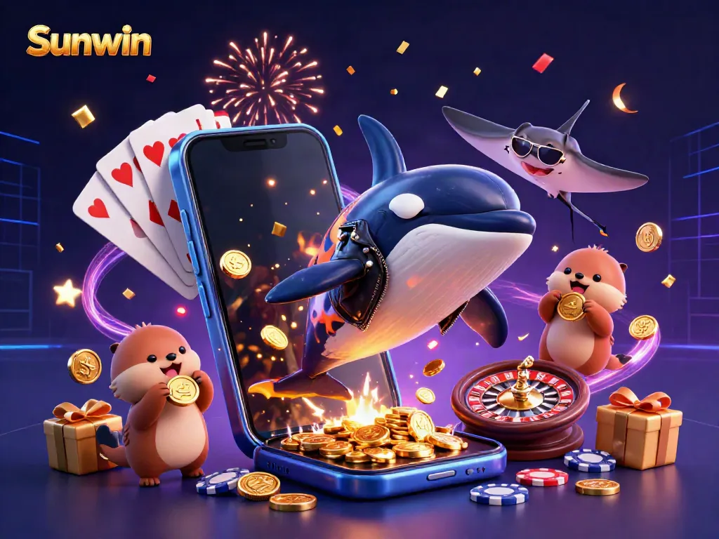 Experience thrilling gaming action with Sunwin as playful sea creatures celebrate with tokens and vibrant slot games.