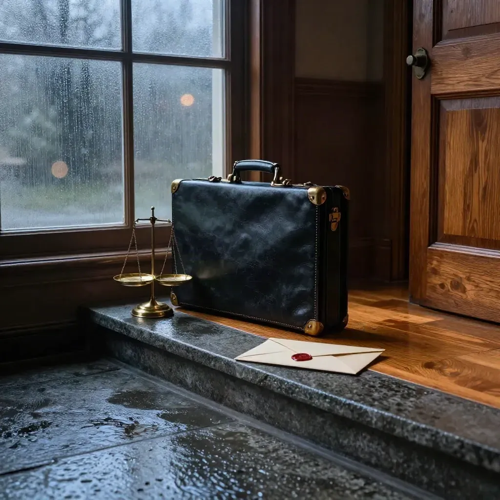 Rain-dark law office threshold with briefcase, brass scales, cream envelopes and dawn light.