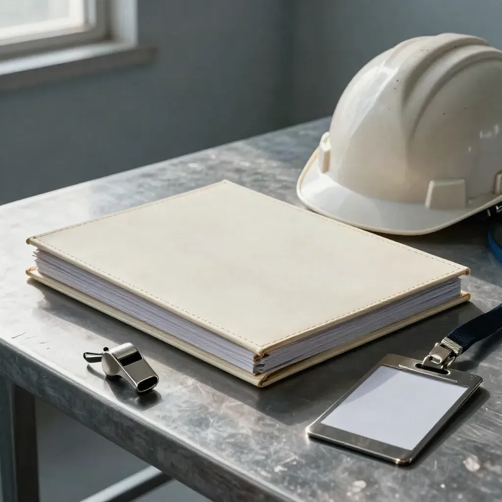 Employment law compliance kit on a metal workbench with binder, hard hat, clip and whistle