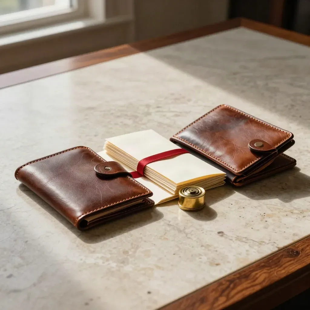 Two leather file wallets flank a ribbon-tied bundle and brass paperweight on travertine.