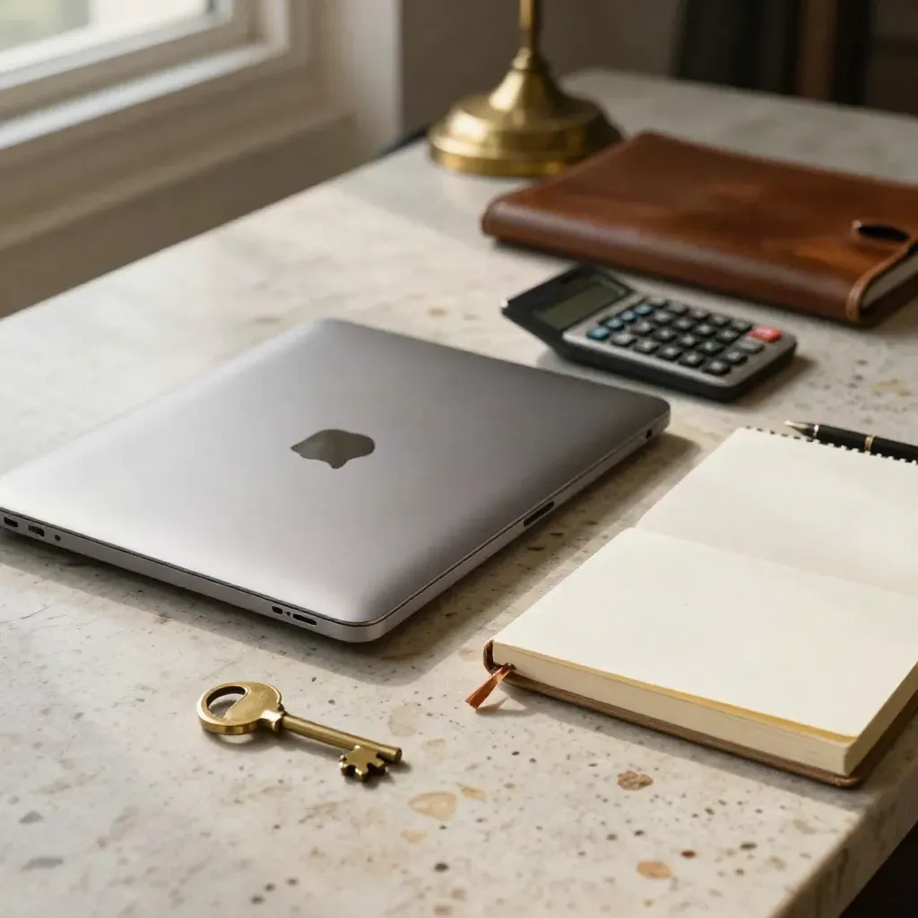 Closed laptop, calculator, brass key and notebook on stone desk in a warm law office.