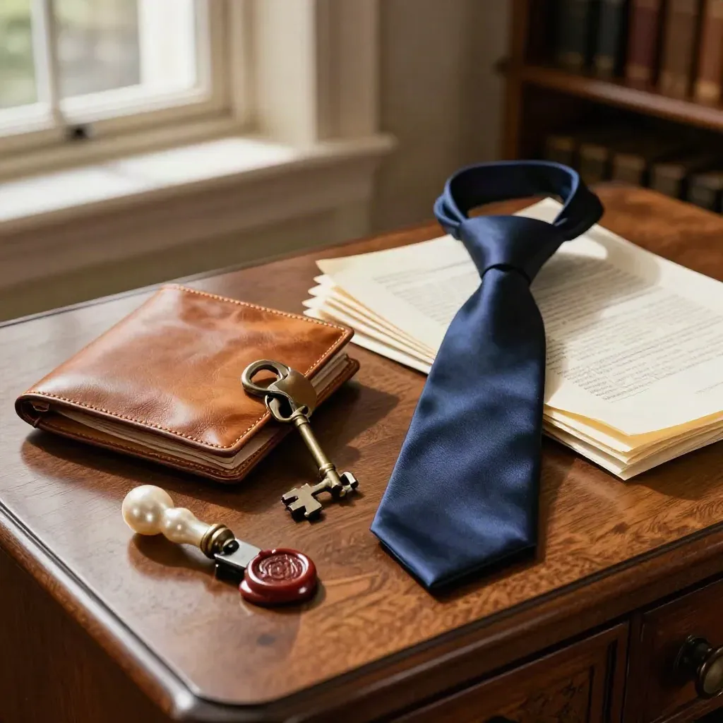 Estate wallet, antique key, wax seal and pearl-handled opener on a walnut sideboard in warm window light.