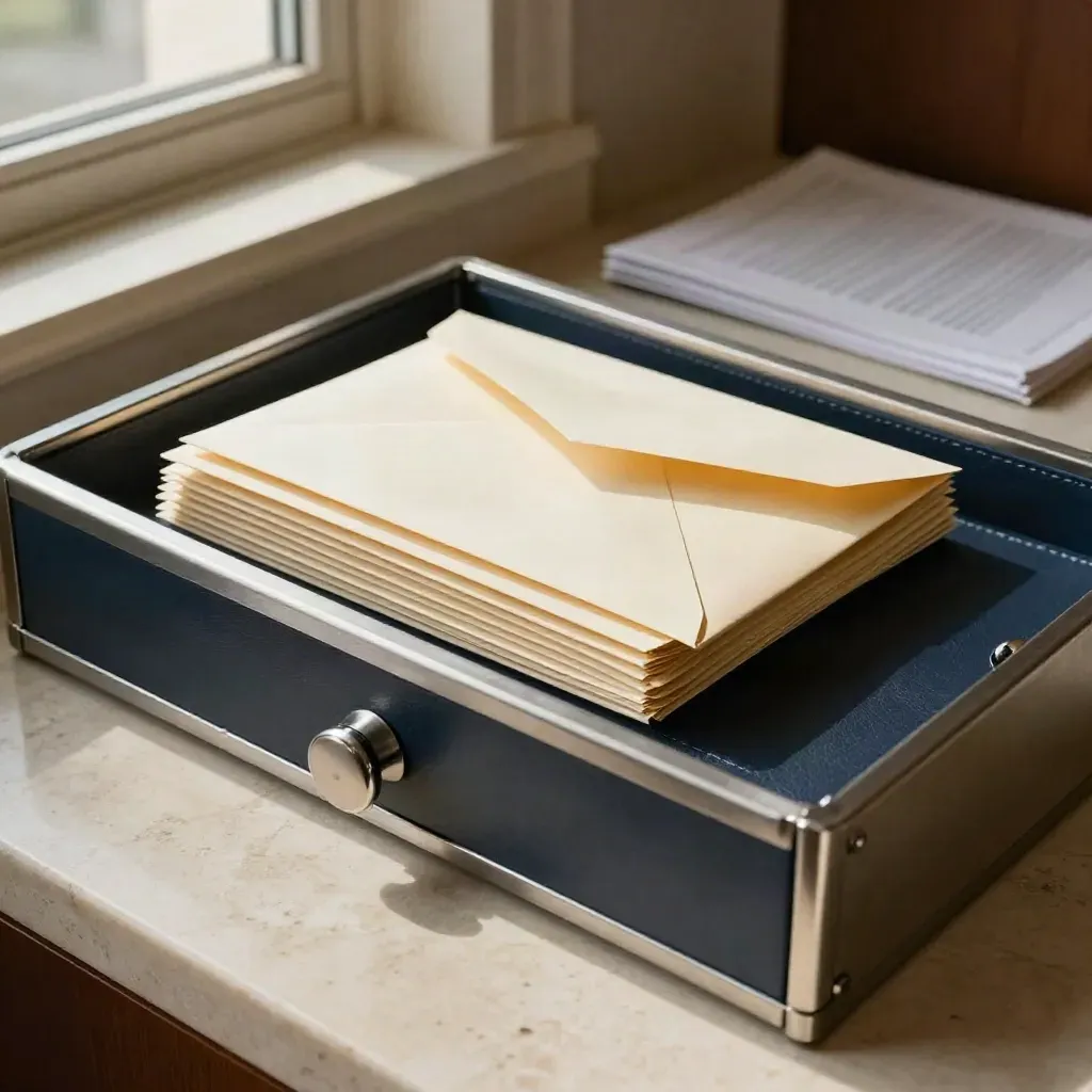 Top-down remittance tray and sealed envelopes beside a closed cash drawer in a law office.