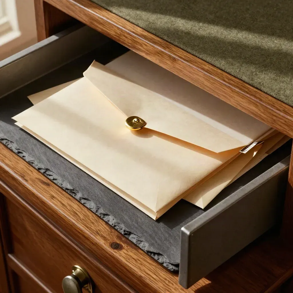 Top-down debt recovery still life with sealed envelopes, brass clip, tray and closed cash drawer.