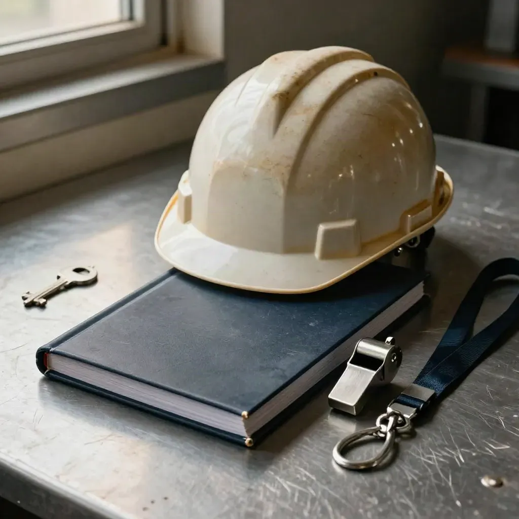 Hard hat, policy binder, whistle and lanyard on brushed metal in a legal compliance still life.