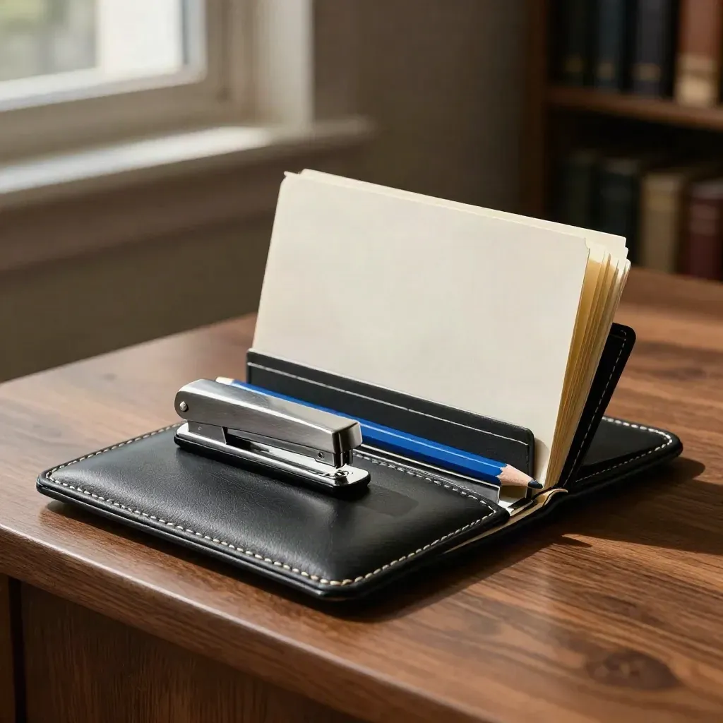Legal wallet, stapler, blue pencil and case divider on walnut surface under dramatic light