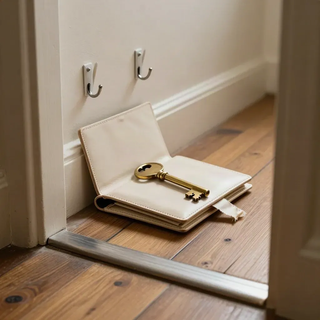 Brass key, ribboned estate wallet and bare picture hooks in a settled hallway.