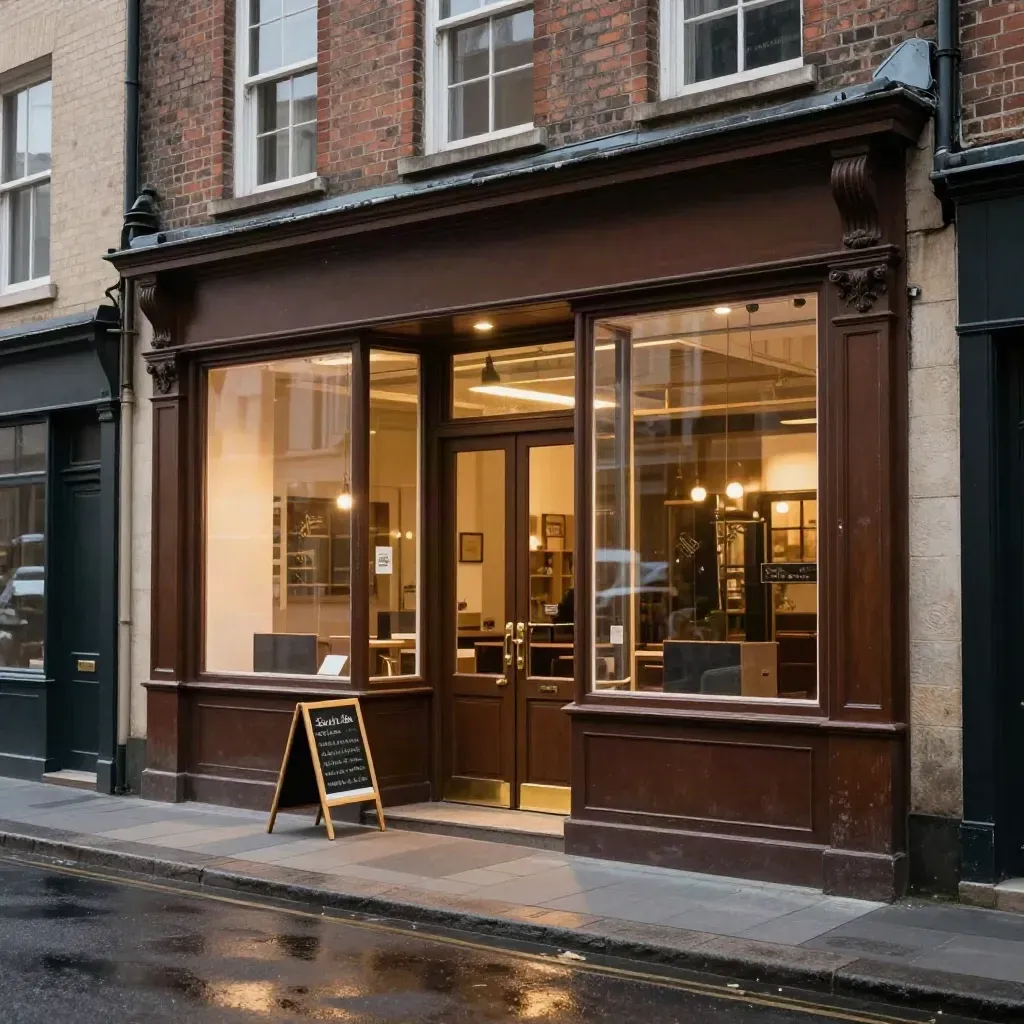 Lit high-street shopfront with raised shutters and empty pavement at dusk