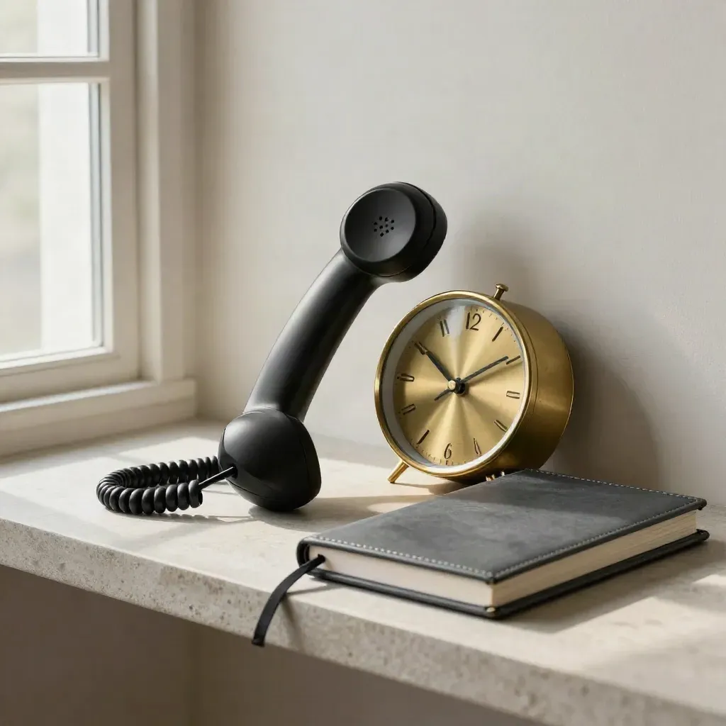 Handset, brass clock and closed slate notebook on a stone shelf with soft side light.
