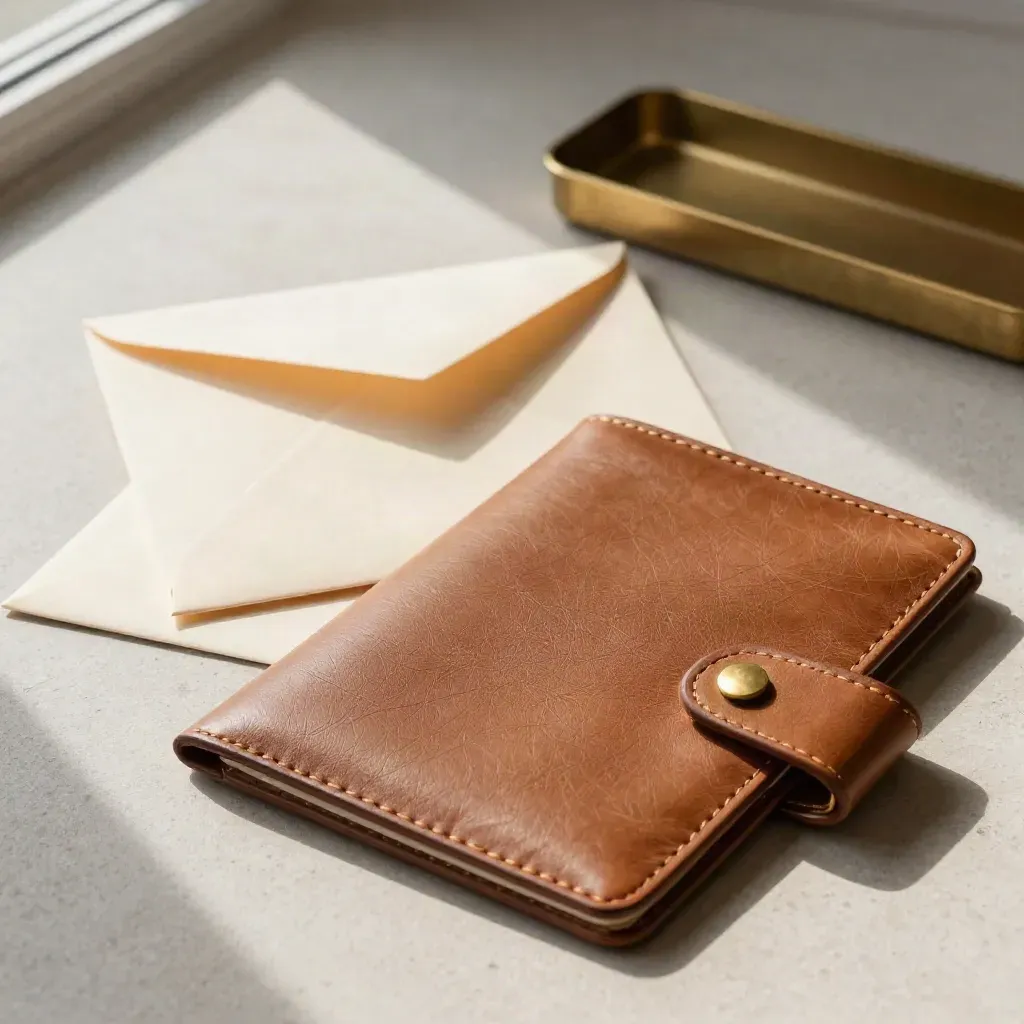 Overhead still life of envelopes, leather wallet, brass clip and tray on stone