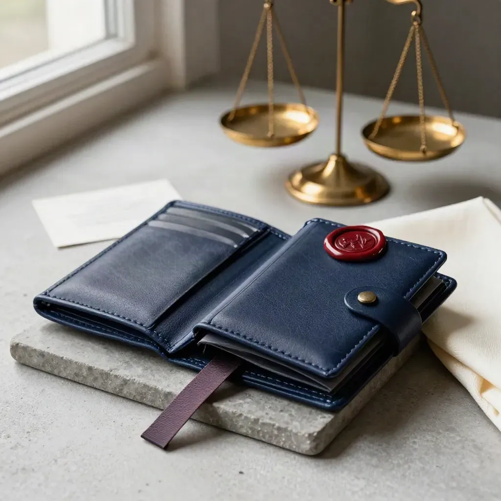 Open file wallet, brass scales, wax seal and index tabs on a stone tray.